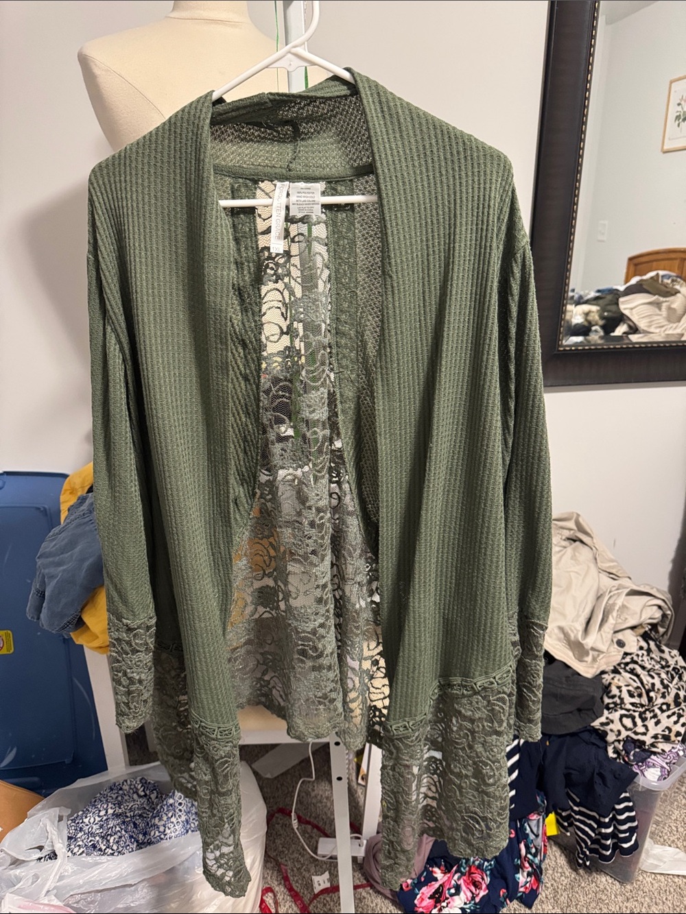 Women's Olive Green Lace-Trim Open-Front Cardigan